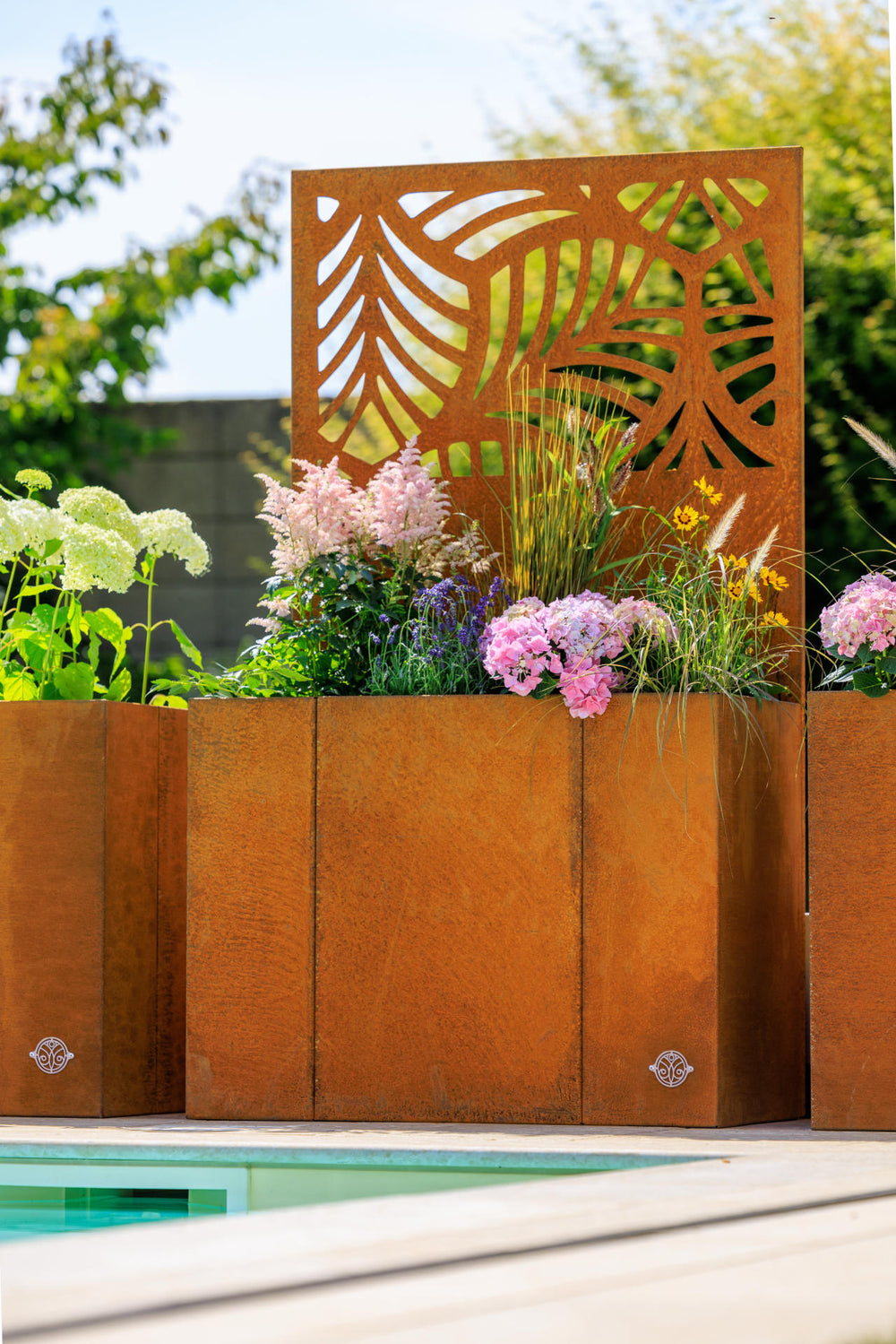 Hochbeet Monterosso mit Sichtschutz Cortenstahl bepflanzt am Pool Hochbeet Monterosso mit Sichtschutz Cortenstahl bepflanzt am Pool