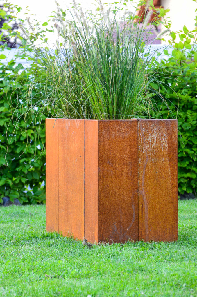 Hochbeet Monterosso bepflanzt vor einer dichten Hecke | Cortenstahl Hochbeet Monterosso bepflanzt vor einer dichten Hecke | Cortenstahl