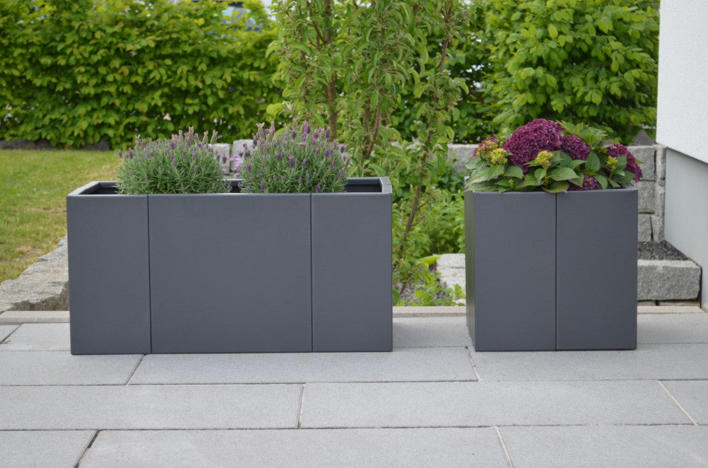 Pflanzkübel Vernazza 40x40x40 cm und 40x80x40 cm in pulverbeschichtet Anthrazit einheitlich mit lila Blumen bepflanzt Pflanzkübel Vernazza 40x40x40 cm und 40x80x40 cm in pulverbeschichtet Anthrazit einheitlich mit lila Blumen bepflanzt