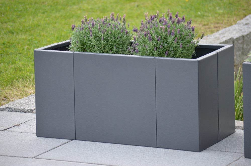 Pflanzkübel Vernazza 40x80x40 cm in pulverbeschichtet Anthrazit mit lila Blumen bepflanzt in einem modernen Garten Pflanzkübel Vernazza 40x80x40 cm in pulverbeschichtet Anthrazit mit lila Blumen bepflanzt in einem modernen Garten