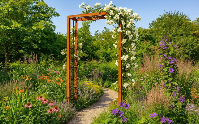 Progettazione romantica del giardino con un arco per rampicanti in metallo