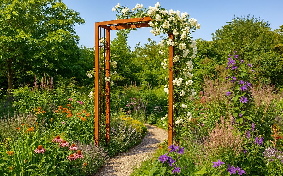 Progettazione romantica del giardino con un arco per rampicanti in metallo